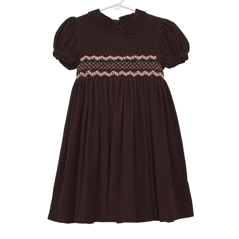 Mom Me Girls Dress 4 Brown Corduroy Smocked Floral Peter Pan Collar Cottage VTG